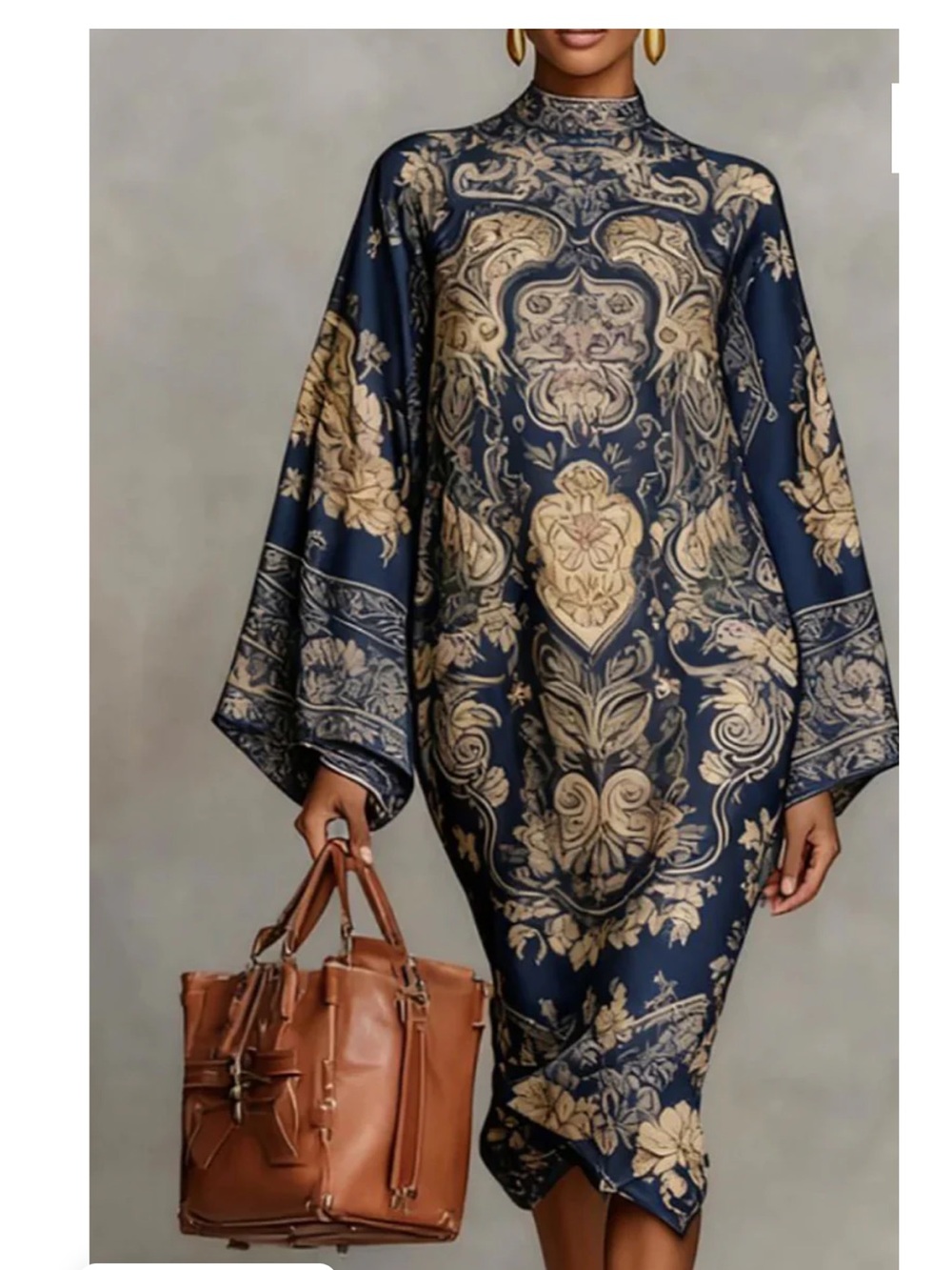 Navy & Taupe Baroque Midi Dress - Elegant High-Neck Fit
Size Small